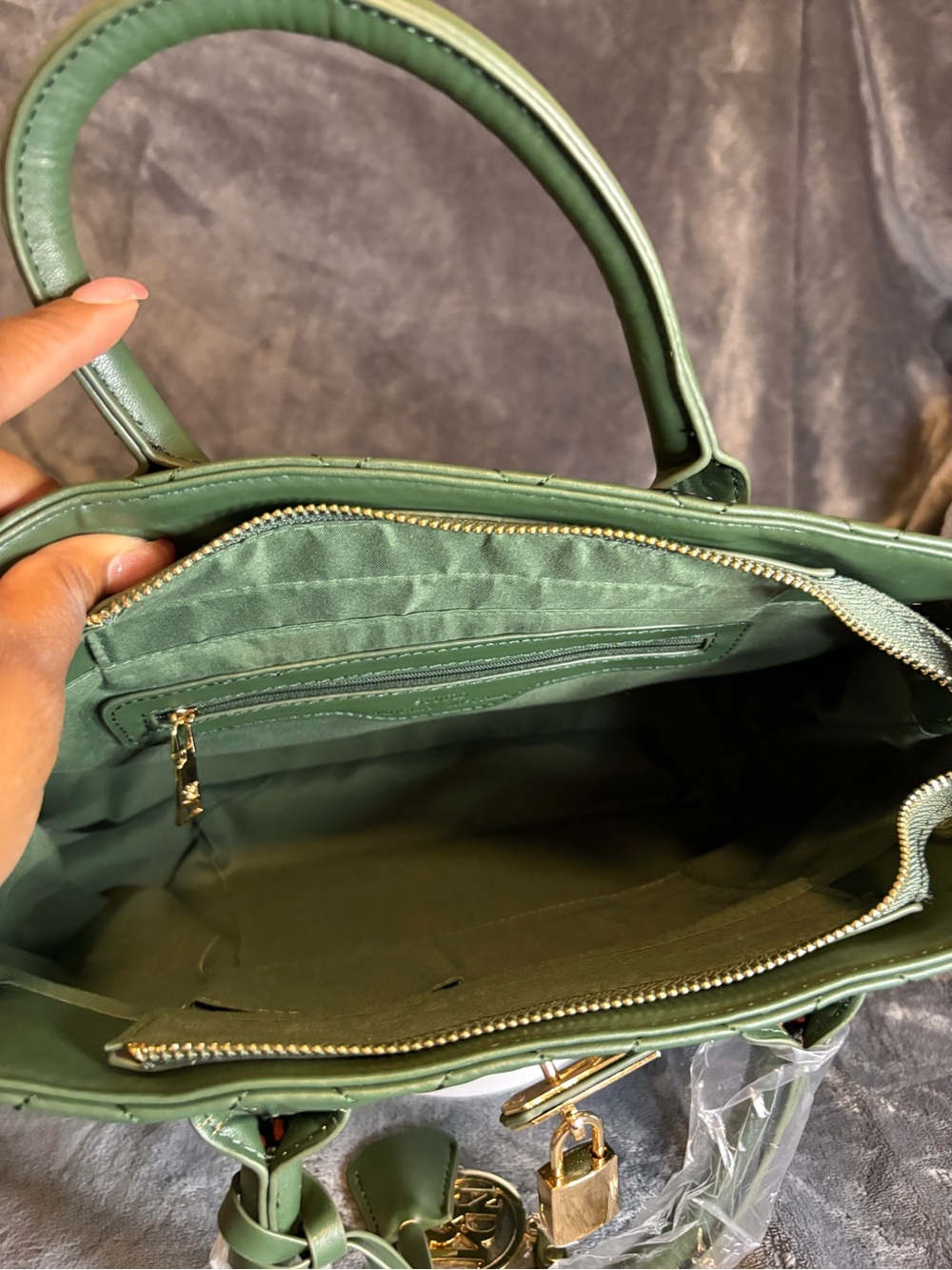 Badgley Mischka Quilted Green Tote Bag with Gold Hardware - Picture 5 of 5